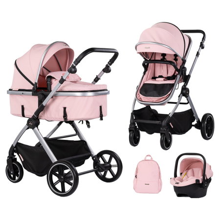 Carucioare 3 in 1 - Carucior Chipolino Pearl 3 in 1, Cu scoica auto, Sezut reversibil, Husa de picioare, Gentuta parinti, Pana la 22 kg, Powder pink