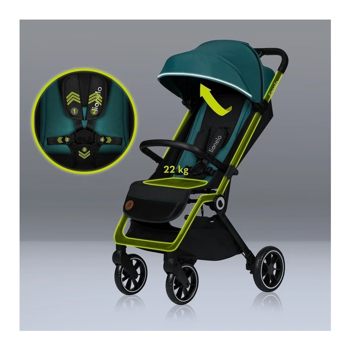 Carucior sport, Lionelo, Cloe, Cu accesorii, Pliere compacta pentru avion, cu o singura mana, 6 luni+, Verde Smarald [8]