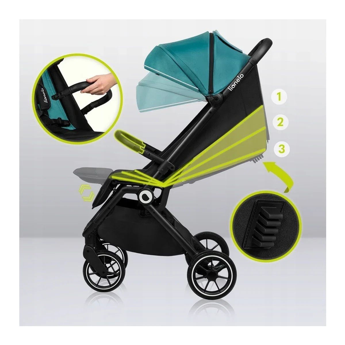 Carucior sport, Lionelo, Cloe, Cu accesorii, Pliere compacta pentru avion, cu o singura mana, 6 luni+, Verde Smarald [7]