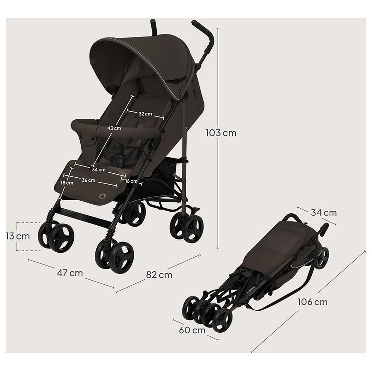 Carucior sport, Lionelo, Elia, Cu plasa de tantari, Suport de picioare reglabil, Spatar ajustabil in 4 pozitii, Capotina XXL, Pliere tip umbrela, Capacitate 15 kg, 6 luni+, Maro [12]