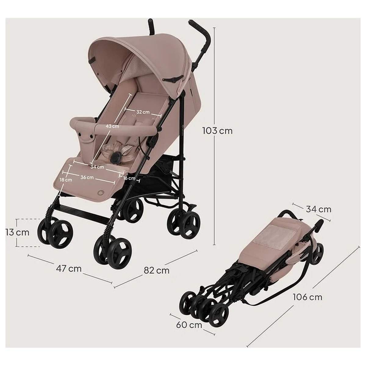 Carucior sport, Lionelo, Elia, Cu plasa de tantari, Suport de picioare reglabil, Spatar ajustabil in 4 pozitii, Capotina XXL, Pliere tip umbrela, Capacitate 15 kg, 6 luni+, Bej Taupe [12]