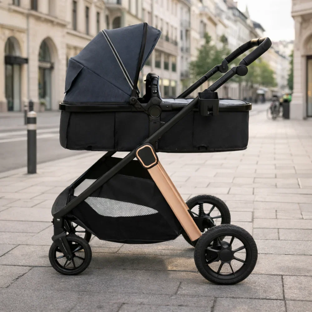 Carucior transformabil 2 in 1, Appekids Elite, de la naștere până la 22 kg, sezut reversibil, cadru usor, compatibil scoici auto, include gentuta, husa picioare, husa ploaie, plasa anti-insecte, Navy  [9]