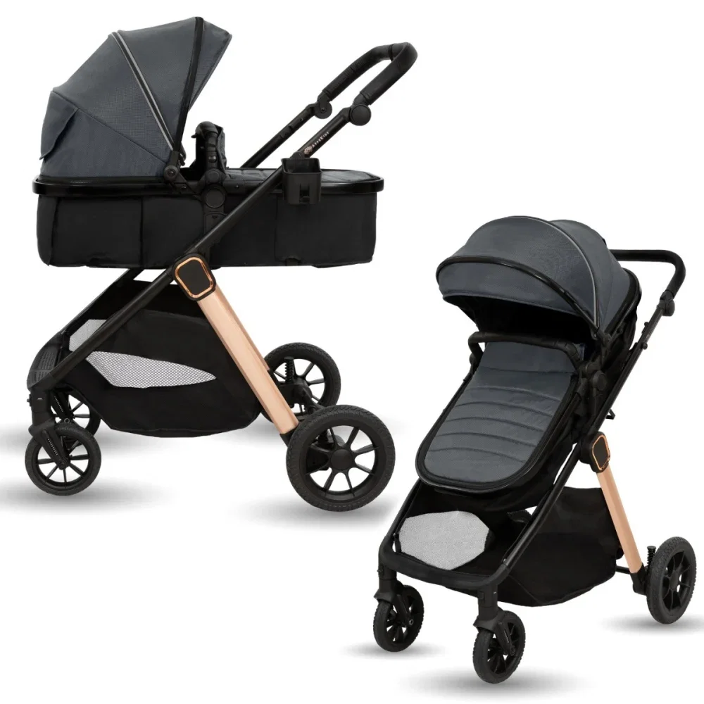 Carucioare 2 in 1 - Carucior transformabil 2 in 1, Appekids Elite, de la naștere până la 22 kg, sezut reversibil, cadru usor, compatibil scoici auto, include gentuta, husa picioare, husa ploaie, plasa anti-insecte, Navy 