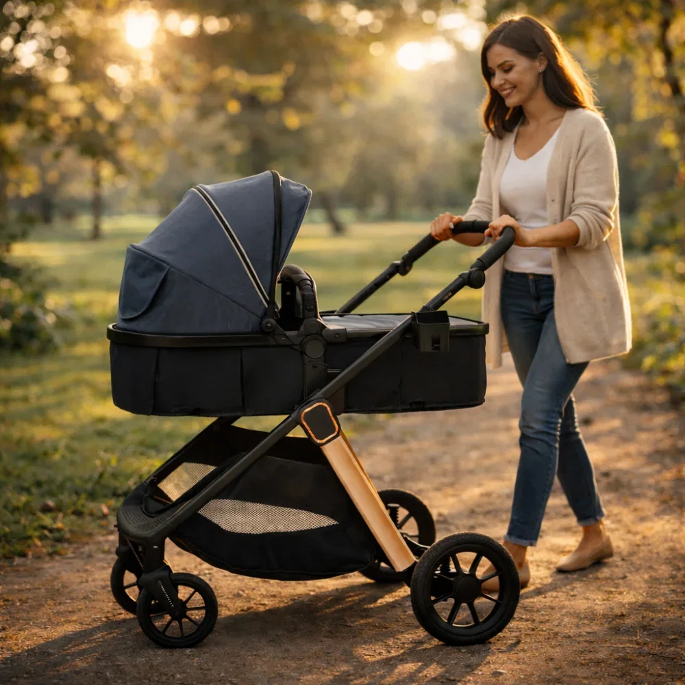 Carucior transformabil 2 in 1, Appekids Elite, de la naștere până la 22 kg, sezut reversibil, cadru usor, compatibil scoici auto, include gentuta, husa picioare, husa ploaie, plasa anti-insecte, Navy  [7]