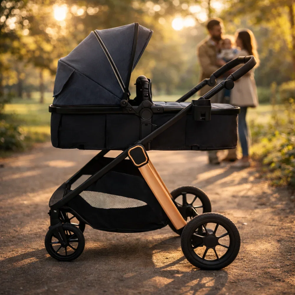 Carucior transformabil 2 in 1, Appekids Elite, de la naștere până la 22 kg, sezut reversibil, cadru usor, compatibil scoici auto, include gentuta, husa picioare, husa ploaie, plasa anti-insecte, Navy  [8]