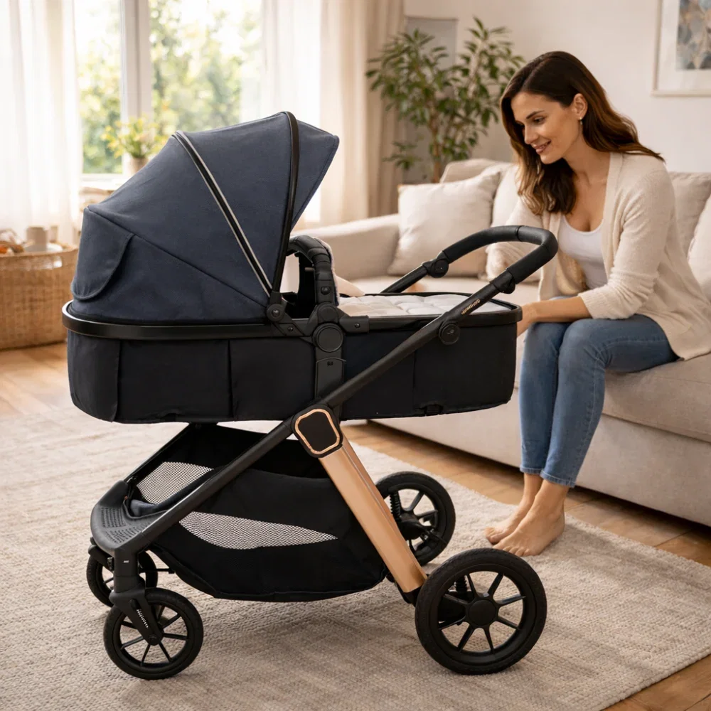 Carucior transformabil 2 in 1, Appekids Elite, de la naștere până la 22 kg, sezut reversibil, cadru usor, compatibil scoici auto, include gentuta, husa picioare, husa ploaie, plasa anti-insecte, Navy  [6]