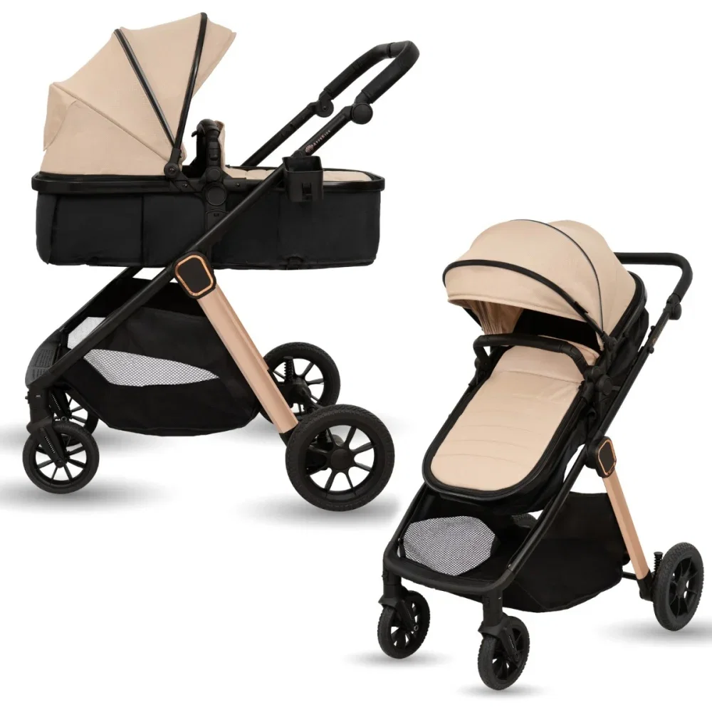 Carucioare 2 in 1 - Carucior transformabil 2 in 1, Appekids Elite, de la naștere până la 22 kg, sezut reversibil, cadru usor, compatibil scoici auto, include gentuta, husa picioare, husa ploaie, plasa anti-insecte, Sand