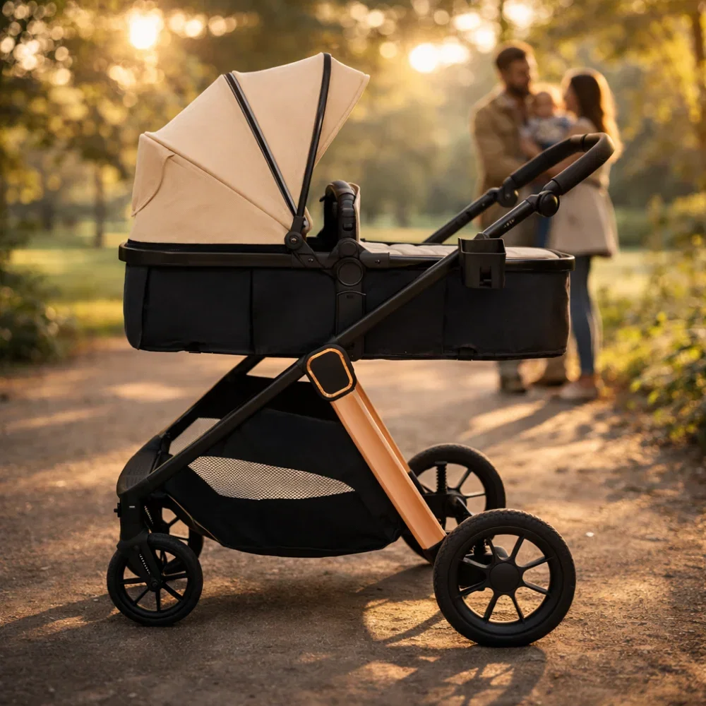 Carucior transformabil 2 in 1, Appekids Elite, de la naștere până la 22 kg, sezut reversibil, cadru usor, compatibil scoici auto, include gentuta, husa picioare, husa ploaie, plasa anti-insecte, Sand [9]