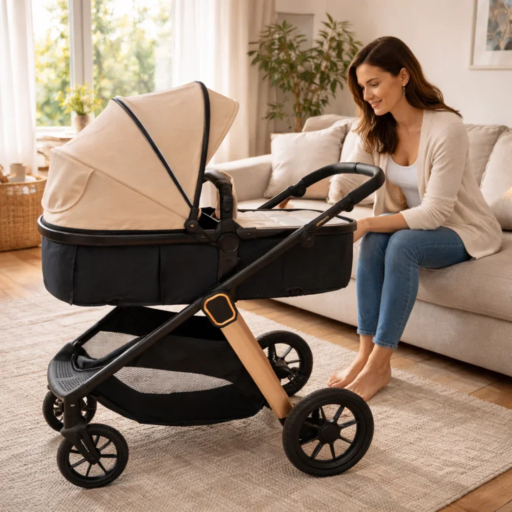 Carucior transformabil 2 in 1, Appekids Elite, de la naștere până la 22 kg, sezut reversibil, cadru usor, compatibil scoici auto, include gentuta, husa picioare, husa ploaie, plasa anti-insecte, Sand [7]