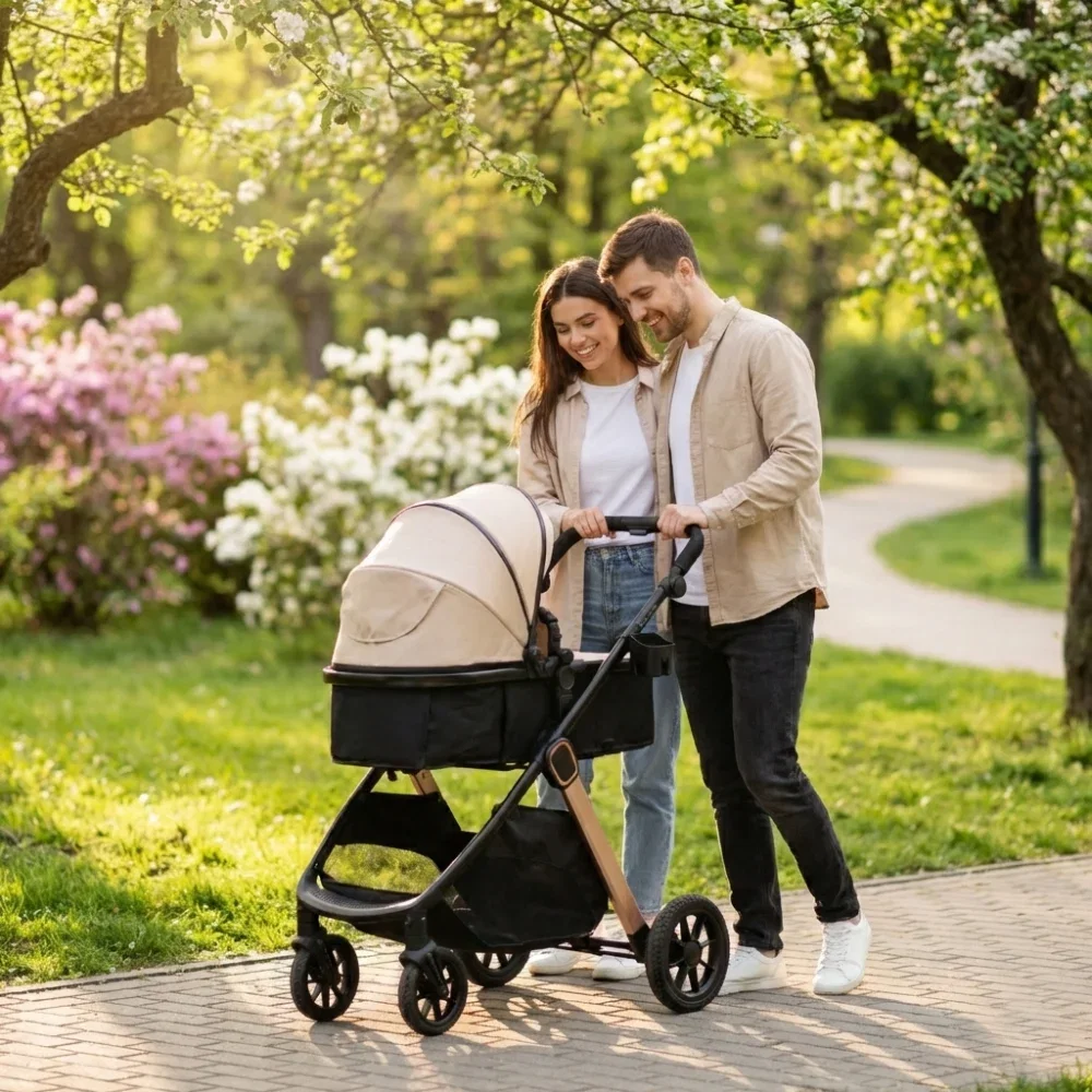 Carucior transformabil 2 in 1, Appekids Elite, de la naștere până la 22 kg, sezut reversibil, cadru usor, compatibil scoici auto, include gentuta, husa picioare, husa ploaie, plasa anti-insecte, Sand [11]