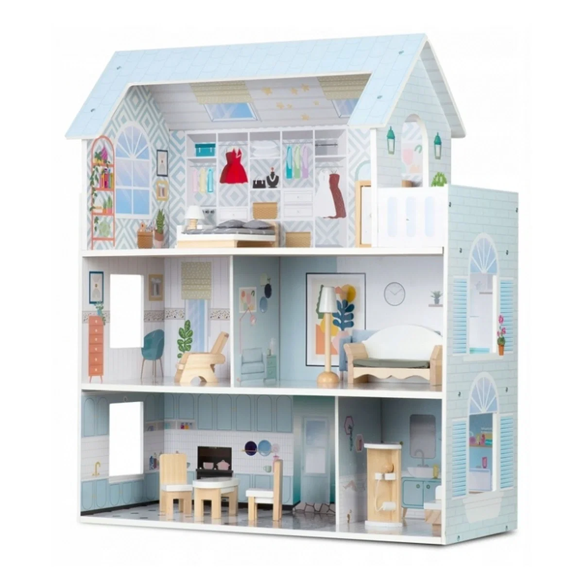 Casute pentru papusi - Casuta de papusi din lemn, 3 etaje, mobilier inclus, 60 x 24 x 70 cm, Ricokids - Albastru deschis 3 ani+