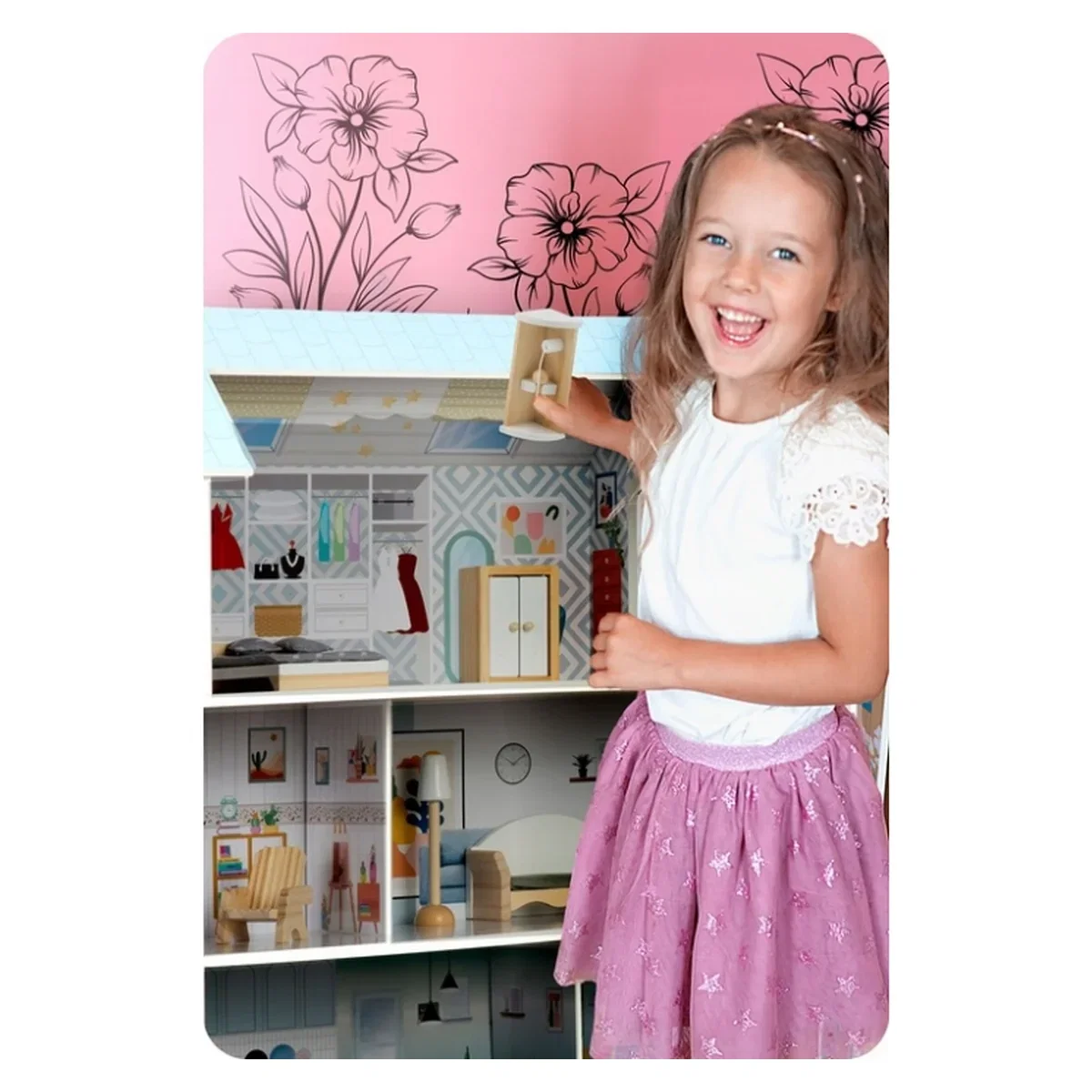 Casuta de papusi din lemn, 3 etaje, mobilier inclus, 60 x 24 x 70 cm, Ricokids - Albastru deschis 3 ani+ [4]