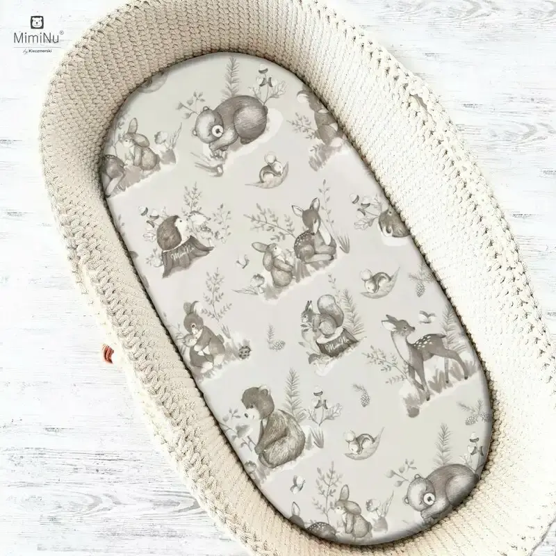 Cearceafuri pentru landou - Cearceaf cu elastic, MimiNu, Pentru landou, carucior si cosulet, 80x35 cm, bumbac 100%, Calm Forest Beige
