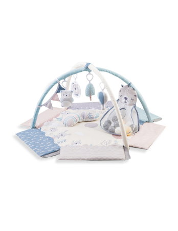 Jucarii bebelusi - Centru de activitati, Momi, Pastel, 3 in 1 (saltea educativa, loc de joaca, piscina cu bile), include 5 jucarii, perna, saculet cu 30 bile