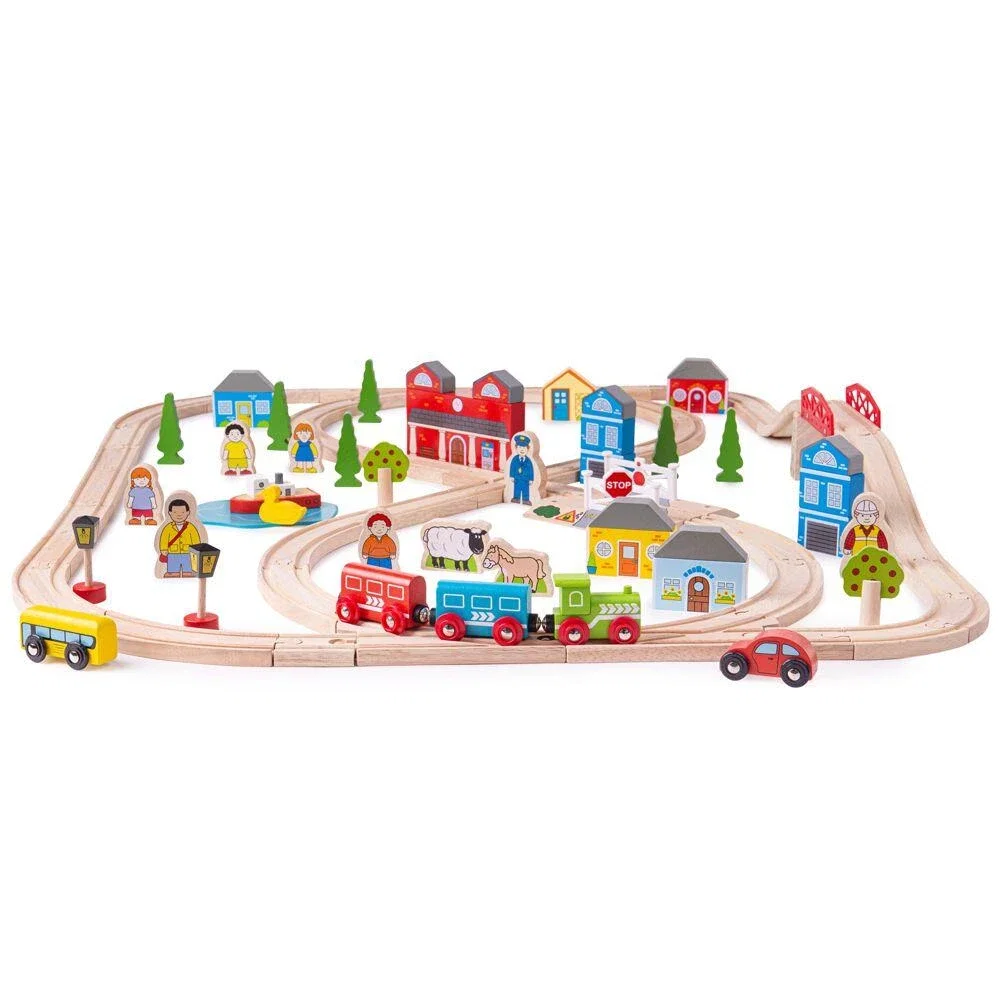 Trenulete si accesorii - Circuit auto si feroviar (91 piese) BIGJIGS Toys 3 ani+
