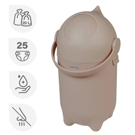 Cosuri pentru scutece - Cos pentru scutece, Nattou, Dropy, Sistem etans impotriva mirosurilor, Compatibil cu saci universali, Operare cu o mana, Potrivit pentru cca 25 scutece, 27×27×48.5 cm, 20 l, Maro
