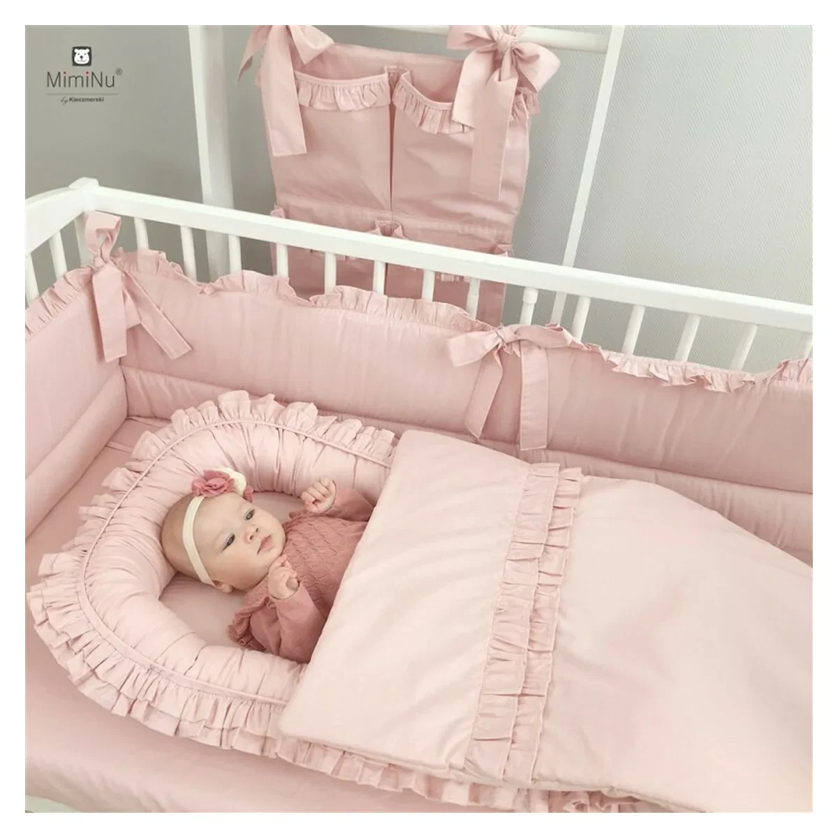 Cosulet bebelus, MimiNu, Baby Nest 55 x 75 cm, Cu Volanase, Husa 100% bumbac, Colectia Royal, Powder Pink 6 luni [3]