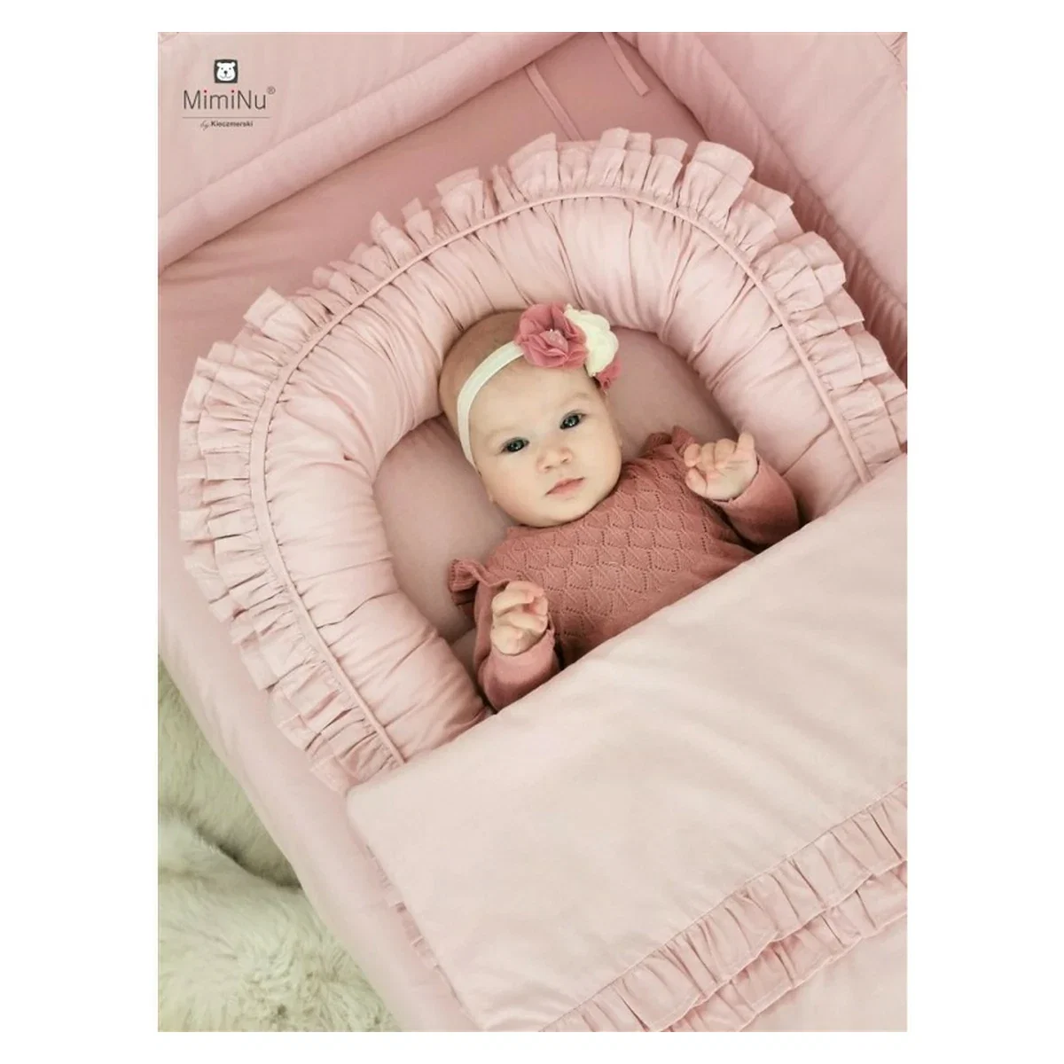 Cosulet bebelus, MimiNu, Baby Nest 55 x 75 cm, Cu Volanase, Husa 100% bumbac, Colectia Royal, Powder Pink 6 luni [1]