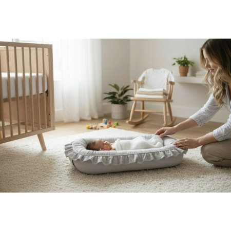 Cosulet bebelus, MimiNu, Baby Nest 55 x 75 cm, Cu Volanase, Husa 100% bumbac, Colectia Royal, Grey 6 luni [3]