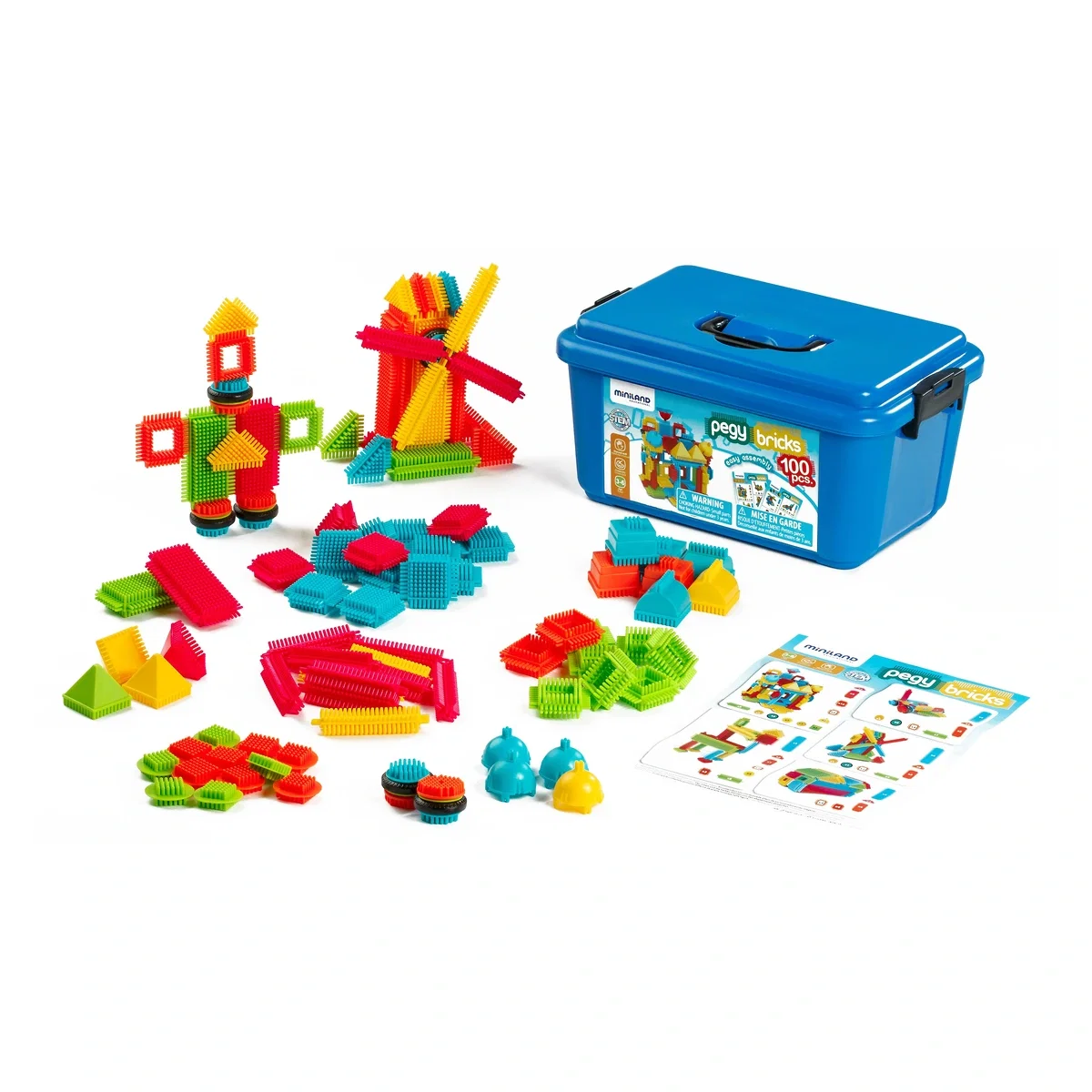 Constructii, cuburi, forme si culori - Joc de constructii Pegy Bricks 100 Miniland 6 ani