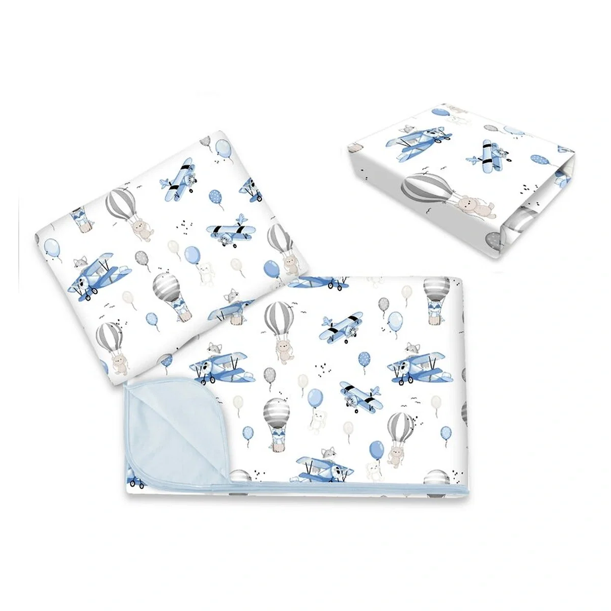 Somnul celor mici - Lenjerie patut cu 3 piese, MimiNu, cearceaf 120x60 cm, paturica si pernuta, bumbac, Blue Plane