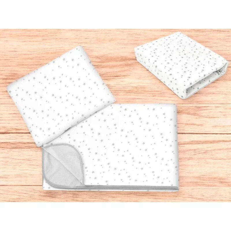 Lenjerie patut cu 3 piese, MimiNu, cearceaf 120x60 cm, paturica si pernuta, bumbac, Mini Gray Stars [1]