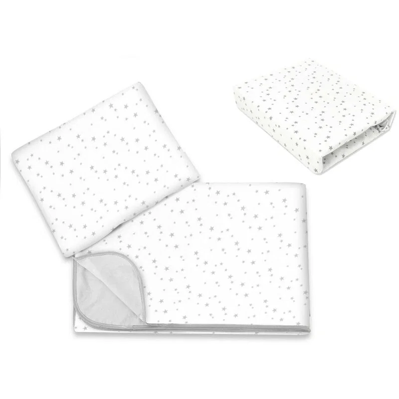Somnul celor mici - Lenjerie patut cu 3 piese, MimiNu, cearceaf 120x60 cm, paturica si pernuta, bumbac, Mini Gray Stars