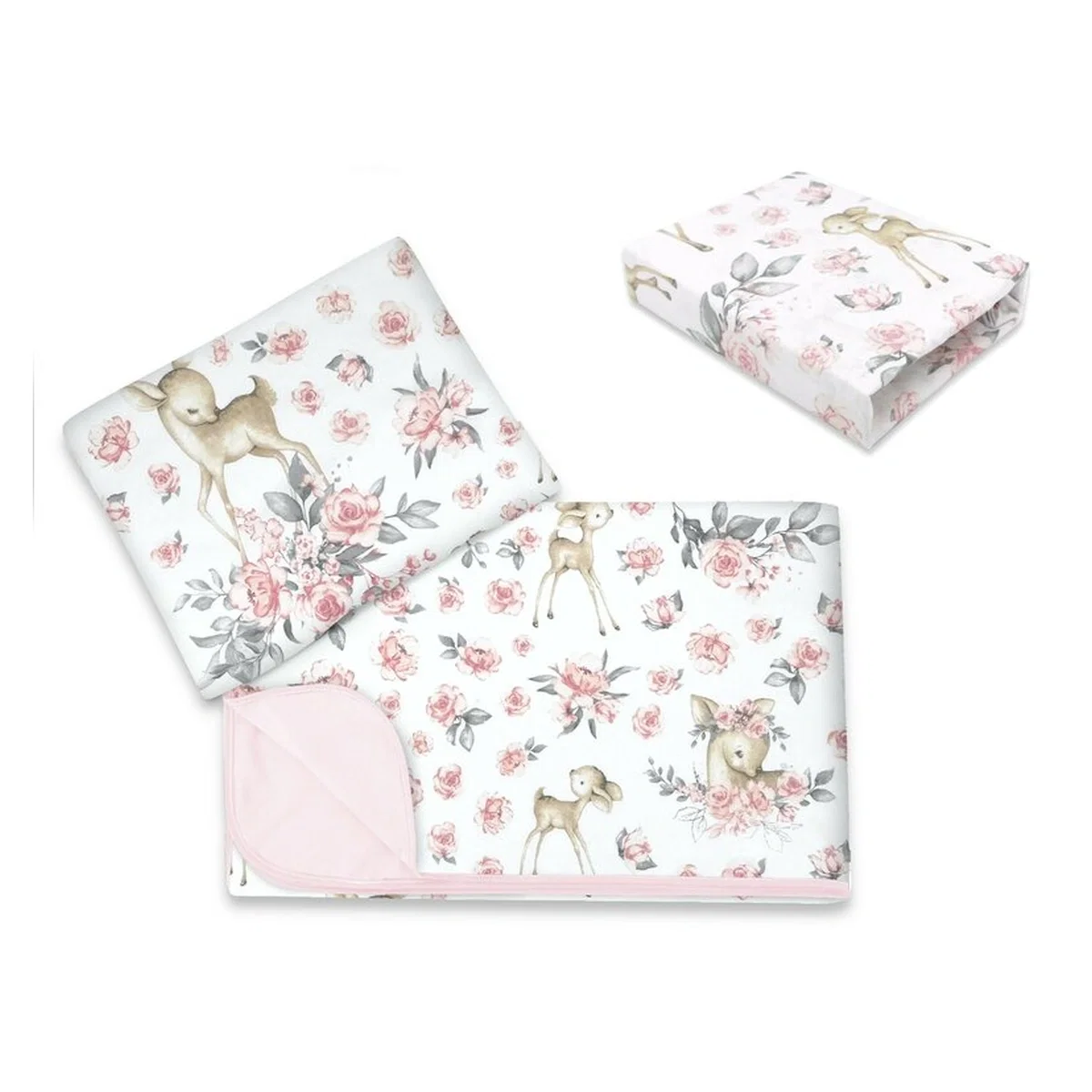 Somnul celor mici - Lenjerie patut cu 3 piese, MimiNu, cearceaf 120x60 cm, paturica si pernuta, bumbac, Sweet Deer Pink