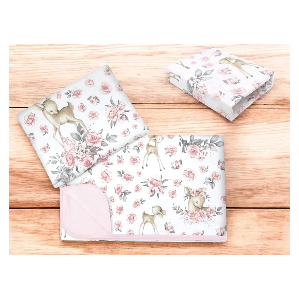 Lenjerie patut cu 3 piese, MimiNu, cearceaf 120x60 cm, paturica si pernuta, bumbac, Sweet Deer Pink [1]