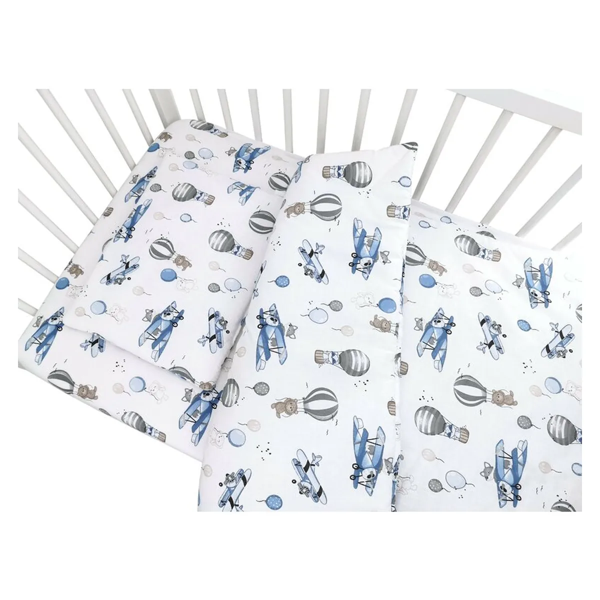 Lenjerie patut cu 3 piese, MimiNu, Cu cearceaf 120x60 cm, Pilota, Pernuta, bumbac 100%, Blue Plane [2]