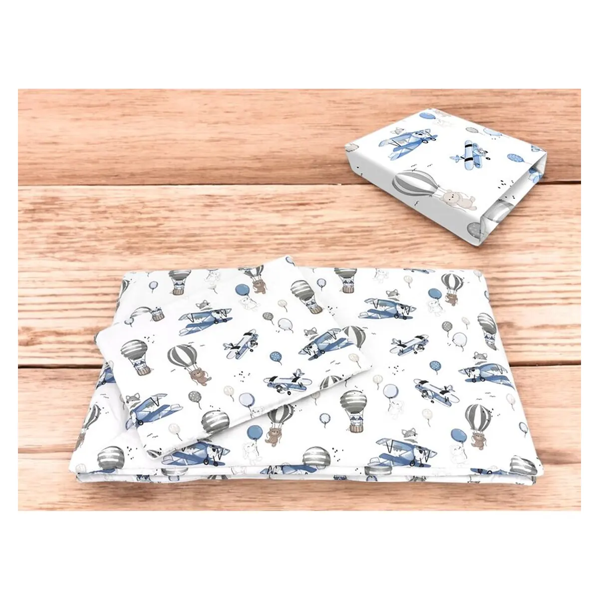 Lenjerie patut cu 3 piese, MimiNu, Cu cearceaf 120x60 cm, Pilota, Pernuta, bumbac 100%, Blue Plane [1]