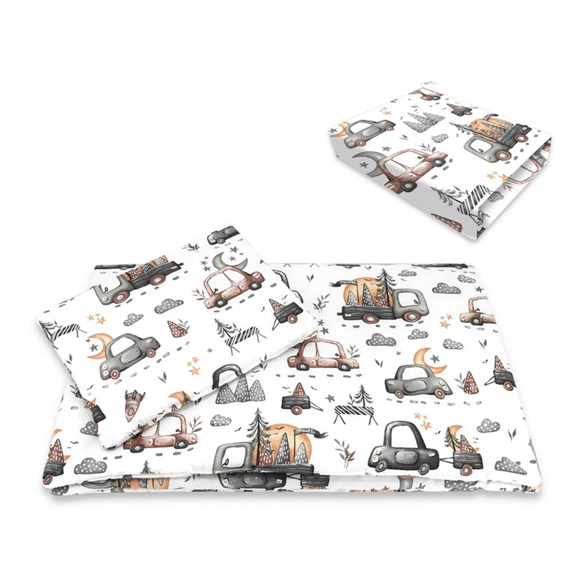 Somnul celor mici - Lenjerie patut cu 3 piese, MimiNu, Cu cearceaf 120x60 cm, Pilota, Pernuta, bumbac 100%, Cars Grey