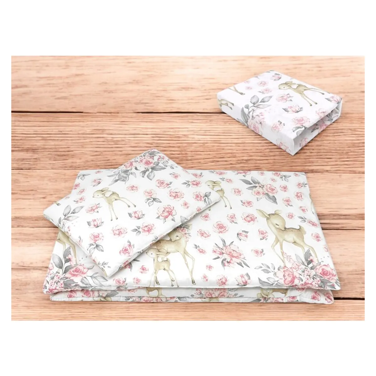 Lenjerie patut cu 3 piese, MimiNu, Cu cearceaf 120x60 cm, Pilota, Pernuta, bumbac 100%, Sweet Deer Pink [1]