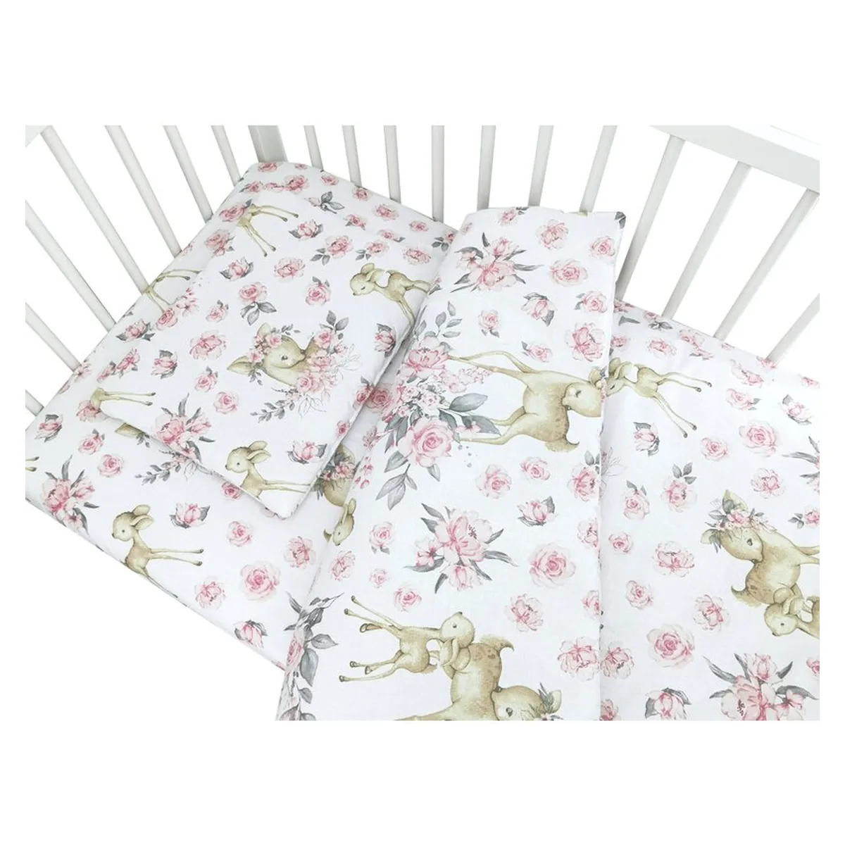 Lenjerie patut cu 3 piese, MimiNu, Cu cearceaf 120x60 cm, Pilota, Pernuta, bumbac 100%, Sweet Deer Pink [2]