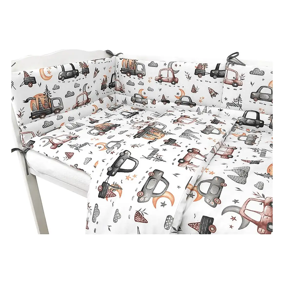 Lenjerie patut cu 3 piese, MimiNu, Pentru patut 120x60 cm, Cu protectie laterala, Cars Grey [1]