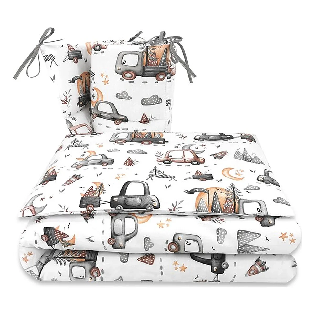 Somnul celor mici - Lenjerie patut cu 3 piese, MimiNu, Pentru patut 120x60 cm, Cu protectie laterala, Cars Grey