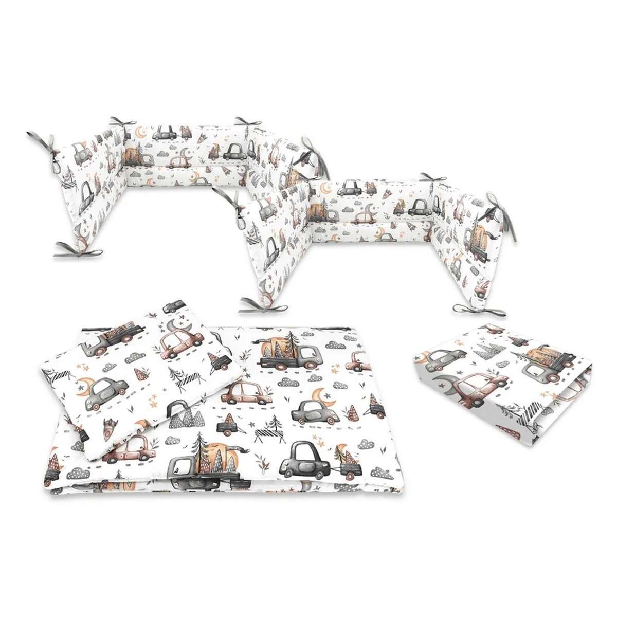 Somnul celor mici - Lenjerie patut cu 5 piese, MimiNu, Cu cearceaf 120x60 cm, Pilota, Pernuta, 2 aparatori, bumbac 100%, Cars Grey