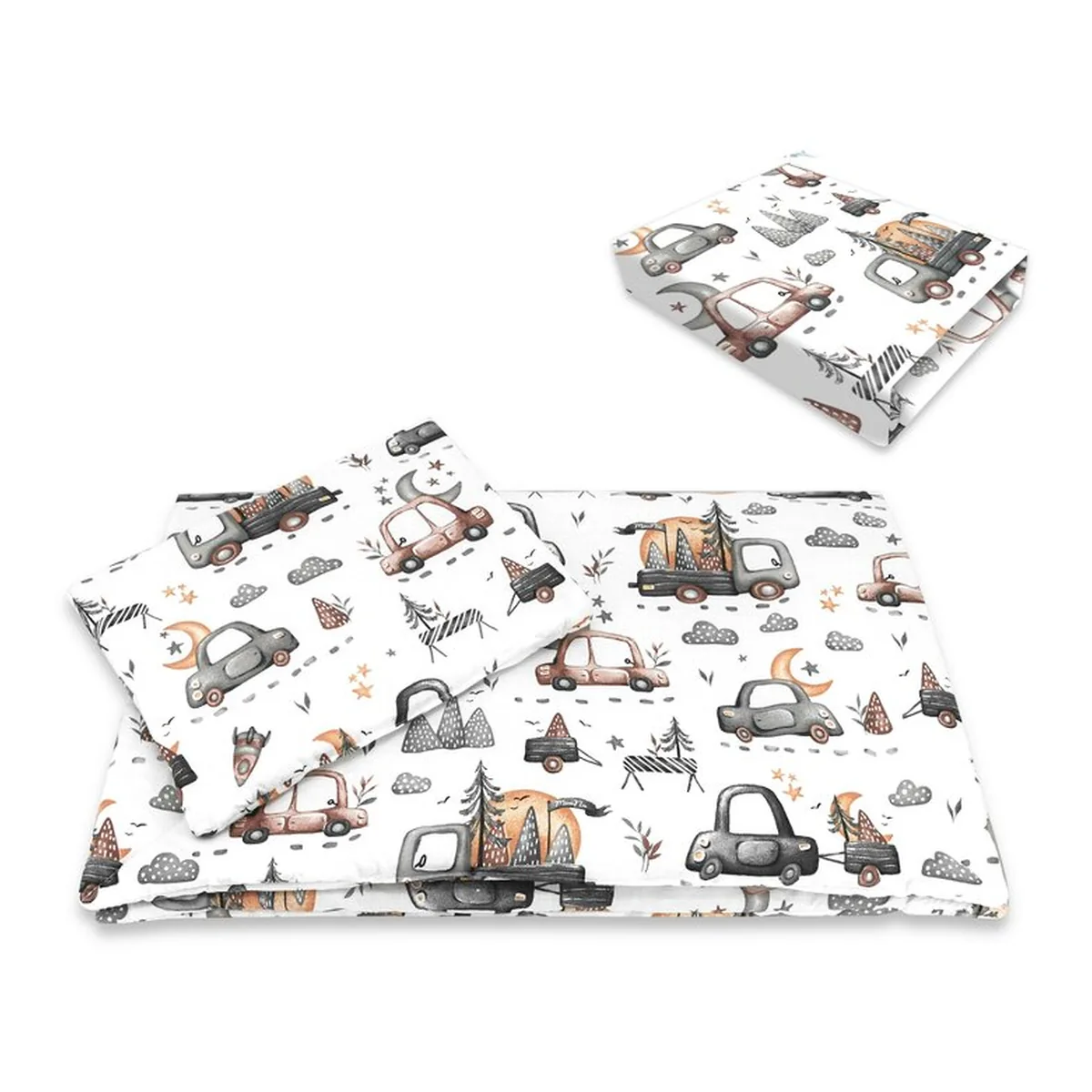 Lenjerie patut cu 5 piese, MimiNu, Cu cearceaf 120x60 cm, Pilota, Pernuta, 2 aparatori, bumbac 100%, Cars Grey [2]