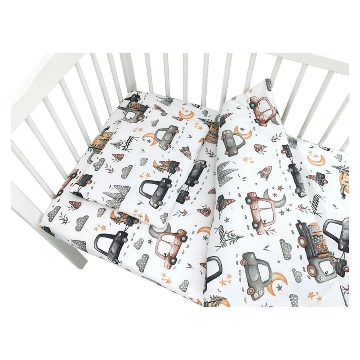 Lenjerie patut cu 5 piese, MimiNu, Cu cearceaf 120x60 cm, Pilota, Pernuta, 2 aparatori, bumbac 100%, Cars Grey [3]