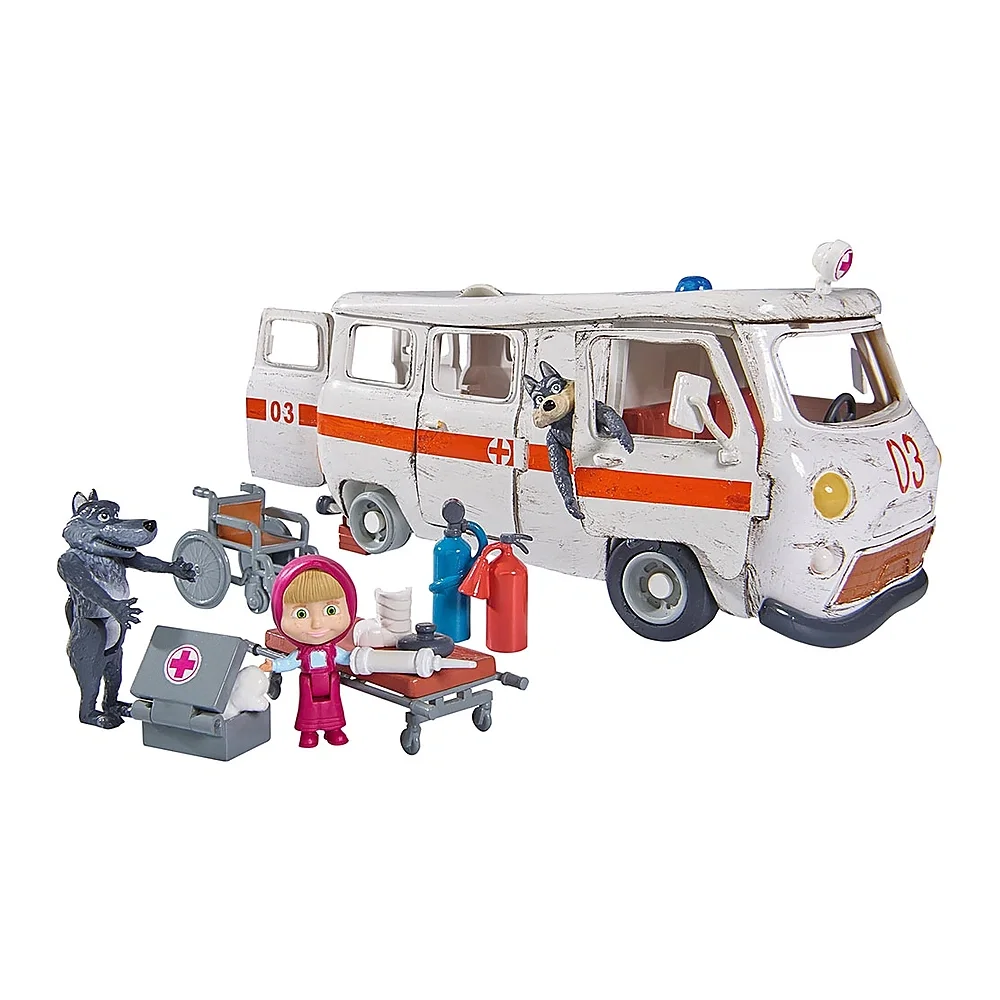 Masinute, trenulete, avioane - Masina Simba Masha and the Bear Ambulance cu accesorii 3 ani +