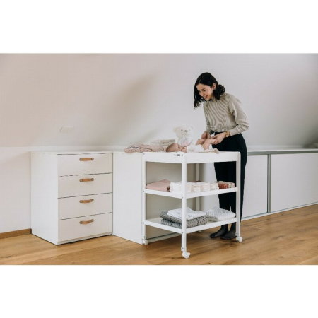 Masuta de infasat, FreeON, Mila, Din lemn, Cu 4 roti pentru transport facil, Cu 3 suprafete de depozitare, 76x54x86 cm, White [8]