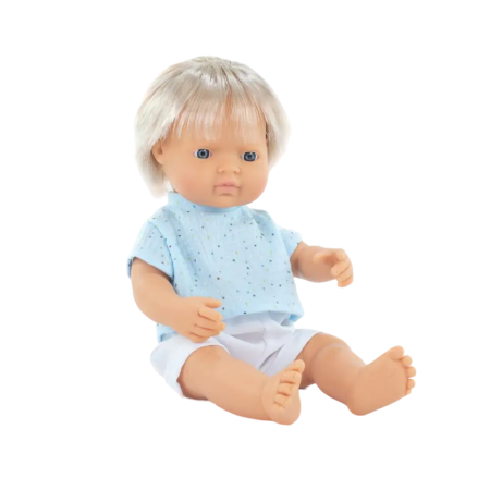 Papusi - Papusa baiat caucazian blond 38 cm cu tricoul bleu, corp parfumat, colectia My Friends and Me Miniland 10 luni