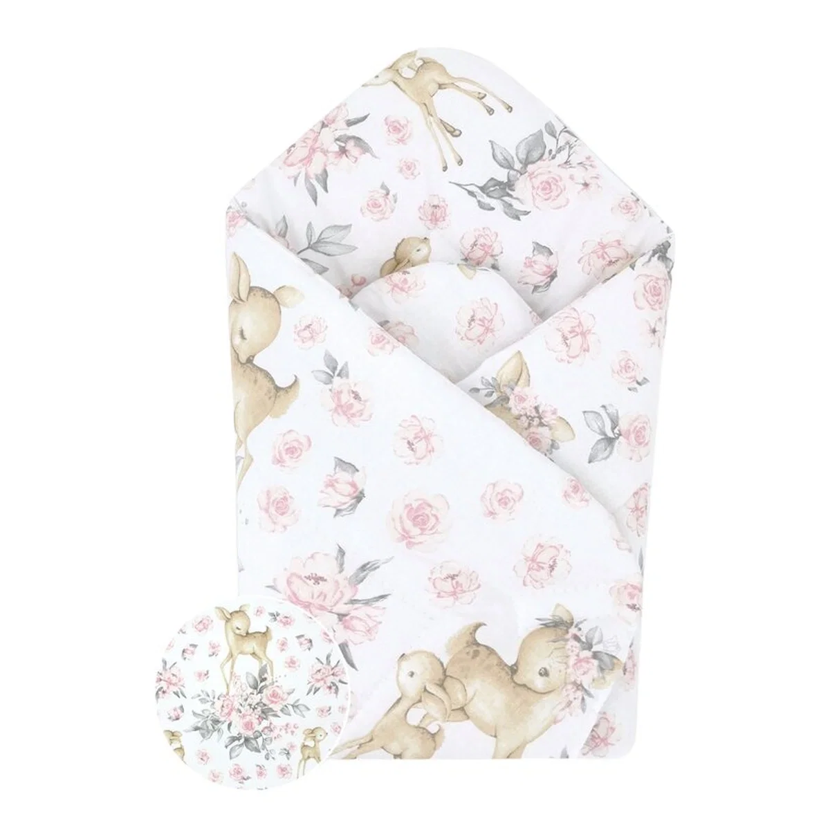 Paturici - Paturica de infasat, MimiNu, doua fete, inchidere arici velcro, 75x75 cm, bumbac, Sweet Deer Pink