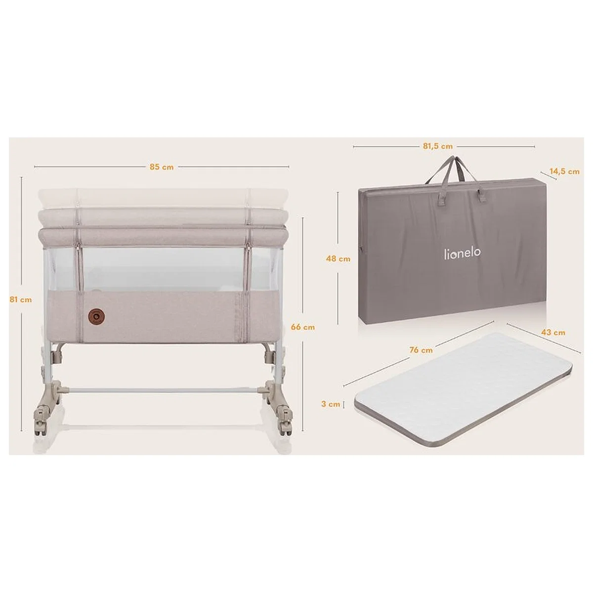 Patut co-sleeper, Lionelo, Aurora, 3 in 1, Cu leganare si setare unghiulara, Cu saltea, 0 luni+ Bej [15]