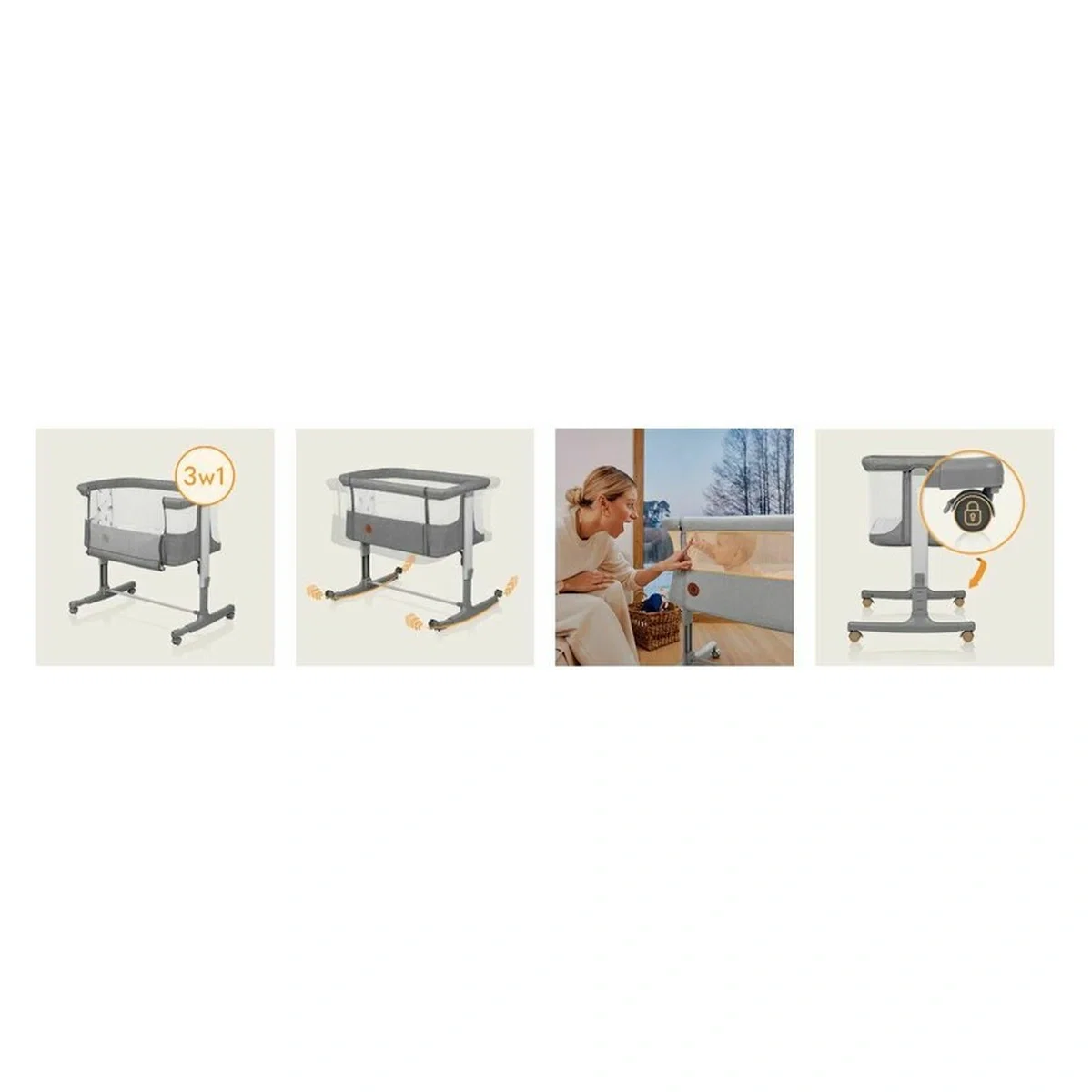 Patut co-sleeper, Lionelo, Aurora, 3 in 1, functie leganare, Include saltea si geanta transport, 5 pozitii pe inaltime, [38]