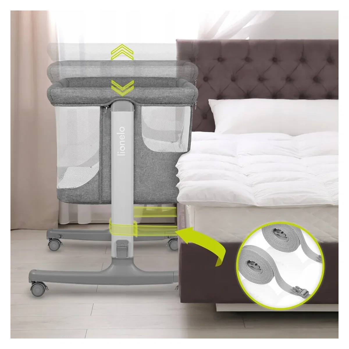Patut co-sleeper, Lionelo, Aurora, 3 in 1, functie leganare, Include saltea si geanta transport, 5 pozitii pe inaltime, [29]