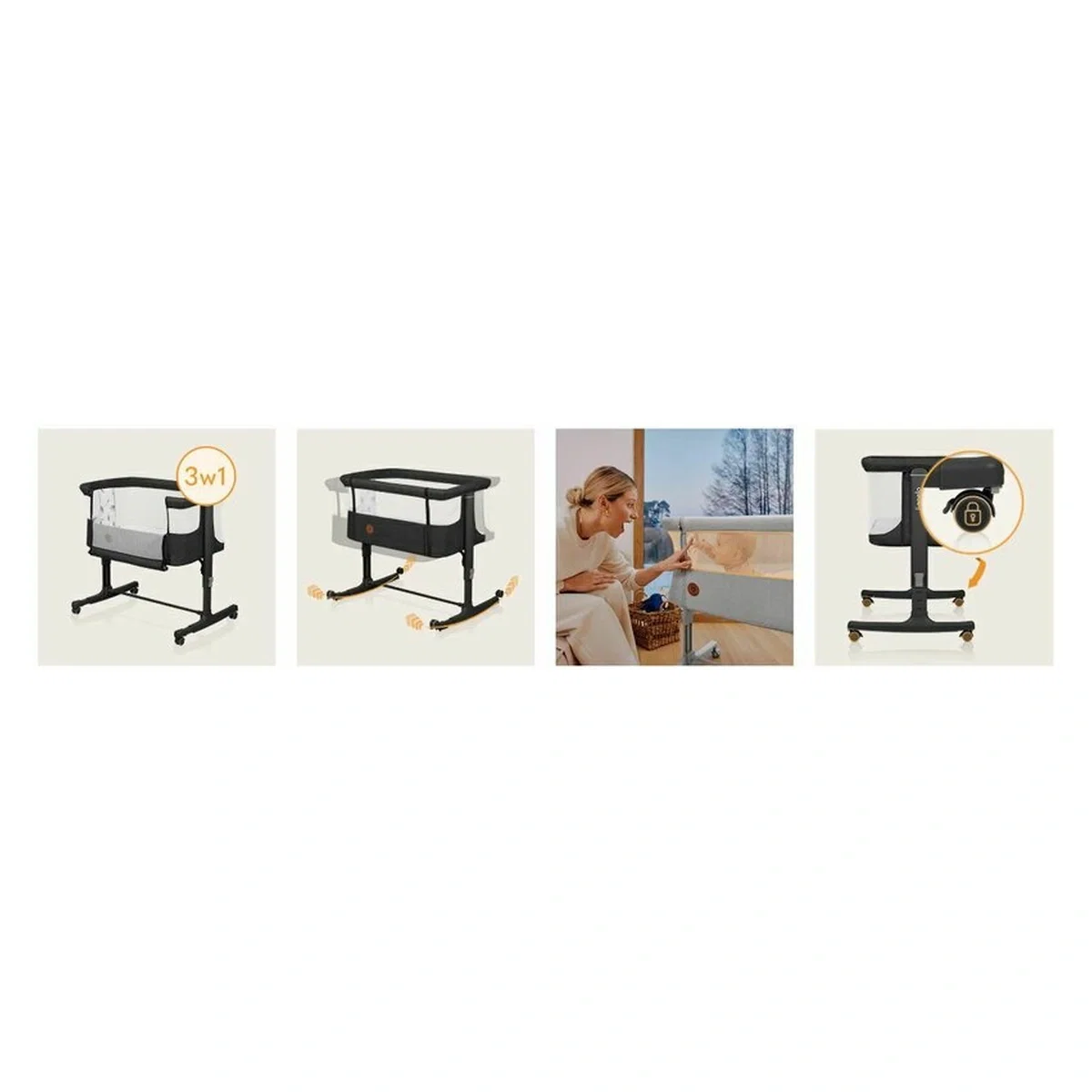 Patut co-sleeper, Lionelo, Aurora, 3 in 1, functie leganare, Include saltea si geanta transport, 5 pozitii pe inaltime, [47]
