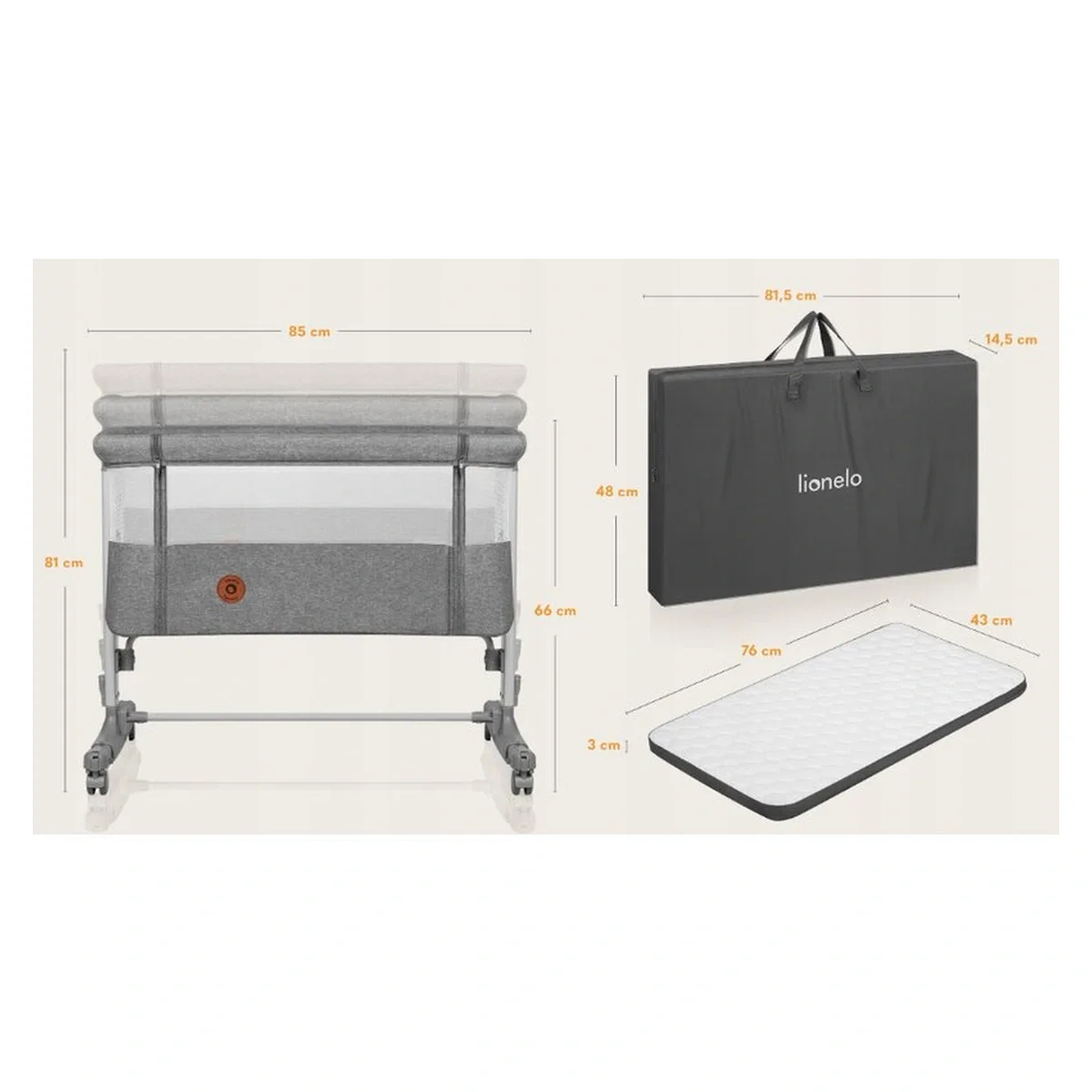 Patut co-sleeper, Lionelo, Aurora, 3 in 1, functie leganare, Include saltea si geanta transport, 5 pozitii pe inaltime, [46]