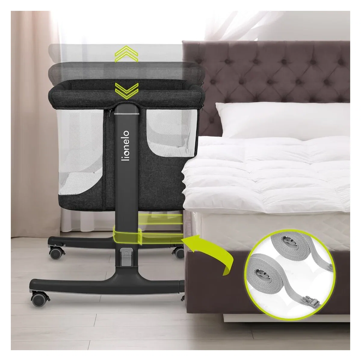 Patut co-sleeper, Lionelo, Aurora, 3 in 1, functie leganare, Include saltea si geanta transport, 5 pozitii pe inaltime, [37]