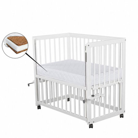 Patuturi din lemn - Patut co-sleeper, Qmini, Dalia, Multifunctional, 90x50 cm, Din lemn de pin, Reglabil pe orice treapta de inaltime la patul parintilor, Sistem de ancorare si roti cu frana incluse, Alb + Saltea 8 cm